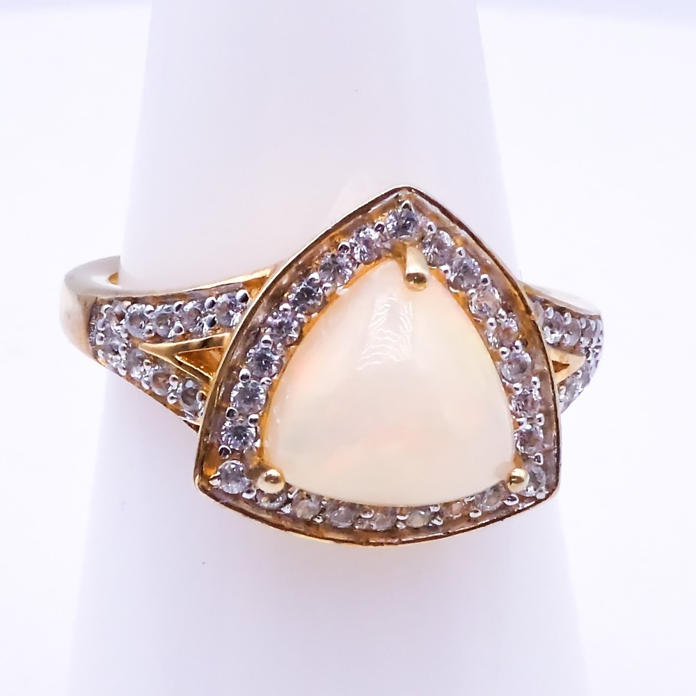 D'Joy 14k Gold Over Sterling Silver 925 Opal Zircon Halo Cocktail Ring Size 7